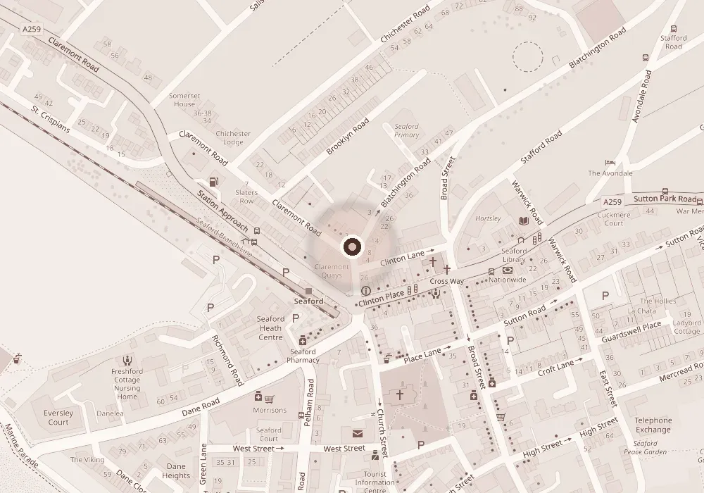 Map of Seaford town centre with a pin on 1 Claremont Road, near the station